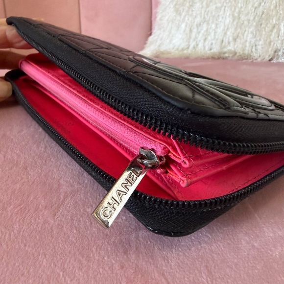 CHANEL Handbags - 💯 Auth CHANEL CAMBON Black Quilted Zip-Around Wallet with Hot Pink Interior